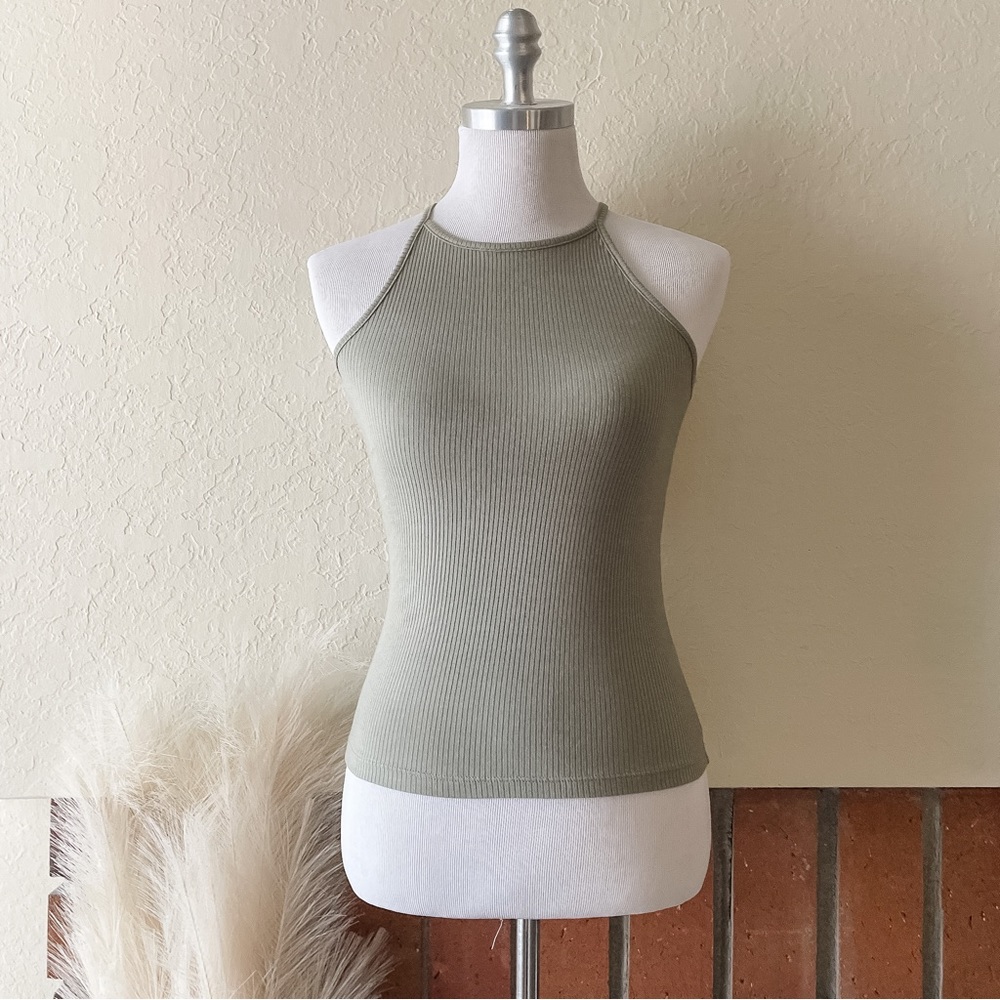 Sage Green Ribbed High Neck Tank Top